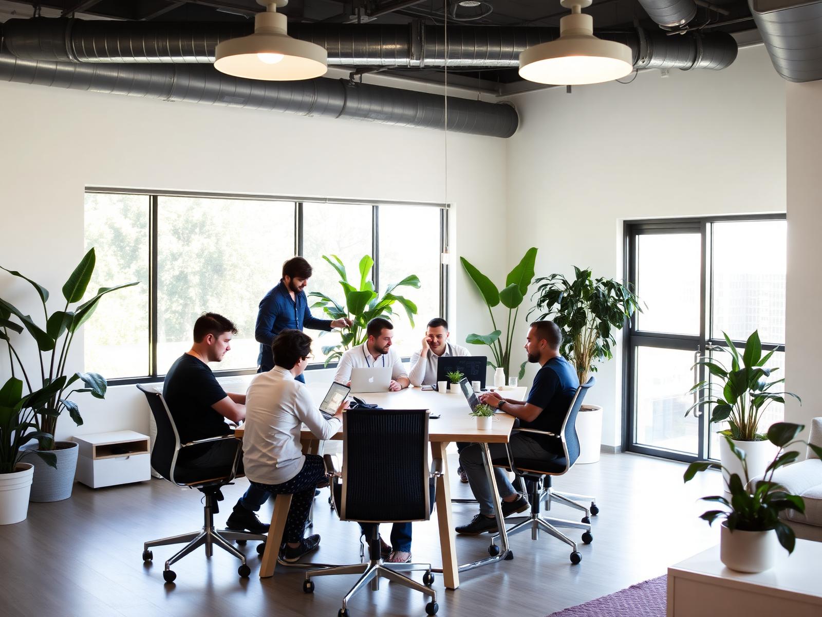 Modern Silicon Valley workspace with founders collaborating